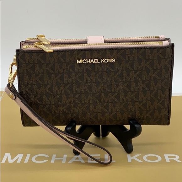 MICHAEL KORS LARGE DOUBLE ZIP WRISTLET POWDER BLUSH MULTI/ BROWN SIGNATURE - Picture 14 of 16